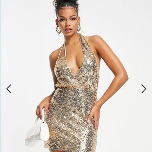 ASYOU halter neck sequin mini dress in pale gold